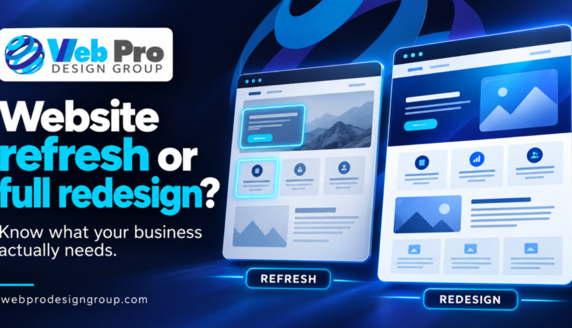 Website refresh or full redesign? Illustrated website layouts showing targeted updates and a reorganized design.